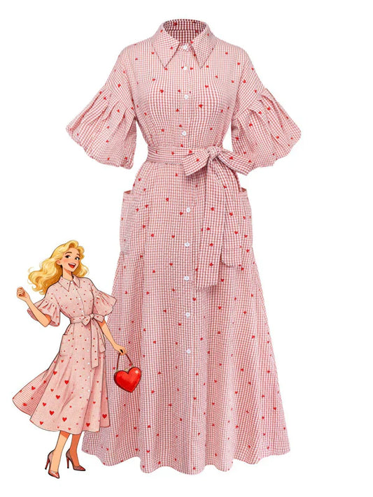 Women’s Pink Plaid Maxi Shirt Dress with Belt & Pocket | Valentine’s Day
