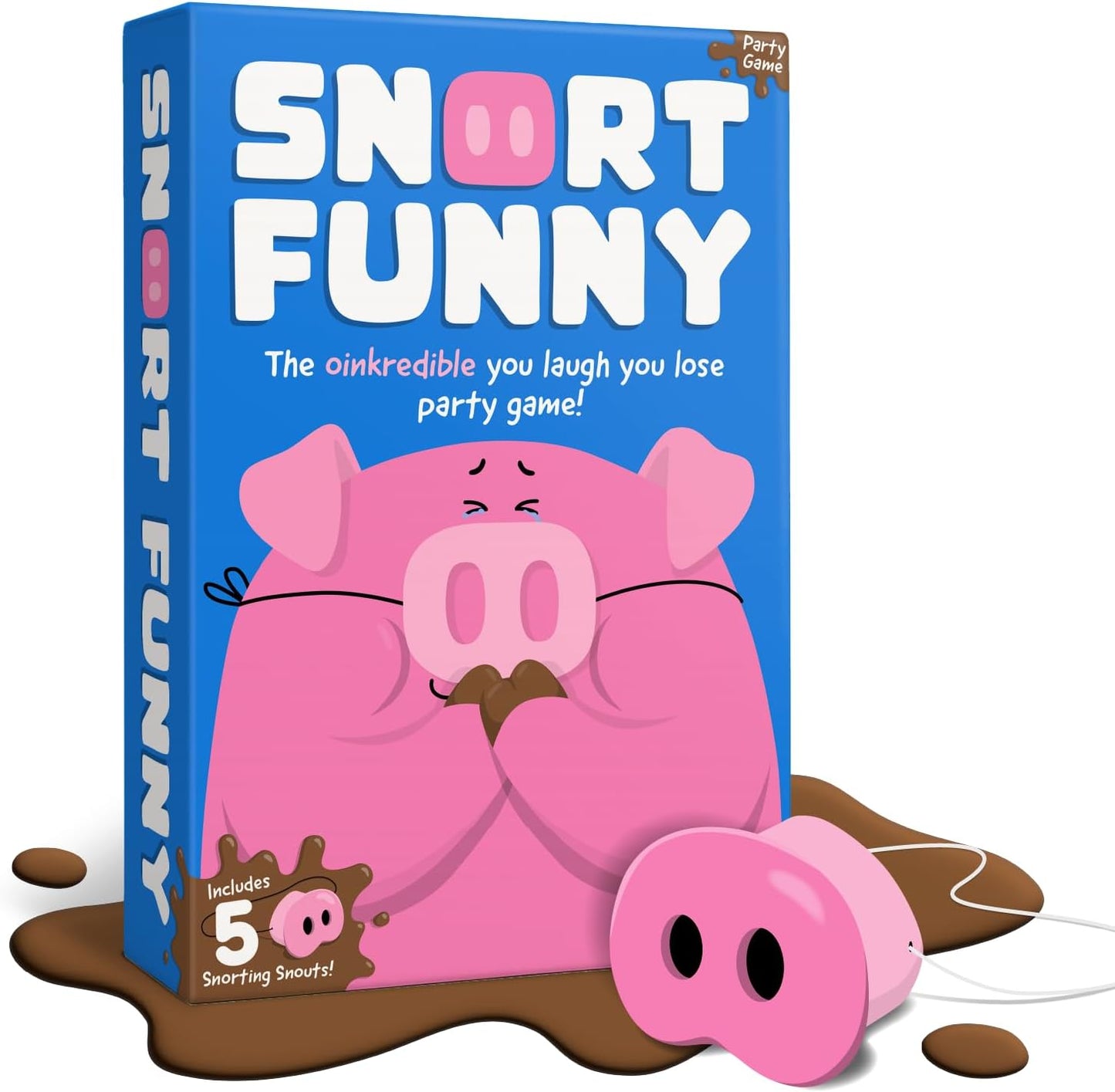 Snort Funny – The Oinkcredible You Laugh You Lose Party Game for Kids & Adults, 150 Challenge Cards, 5 Pig Snouts & 60 Mud Tokens, Family Fun, 4-8 Players, Ages 8+