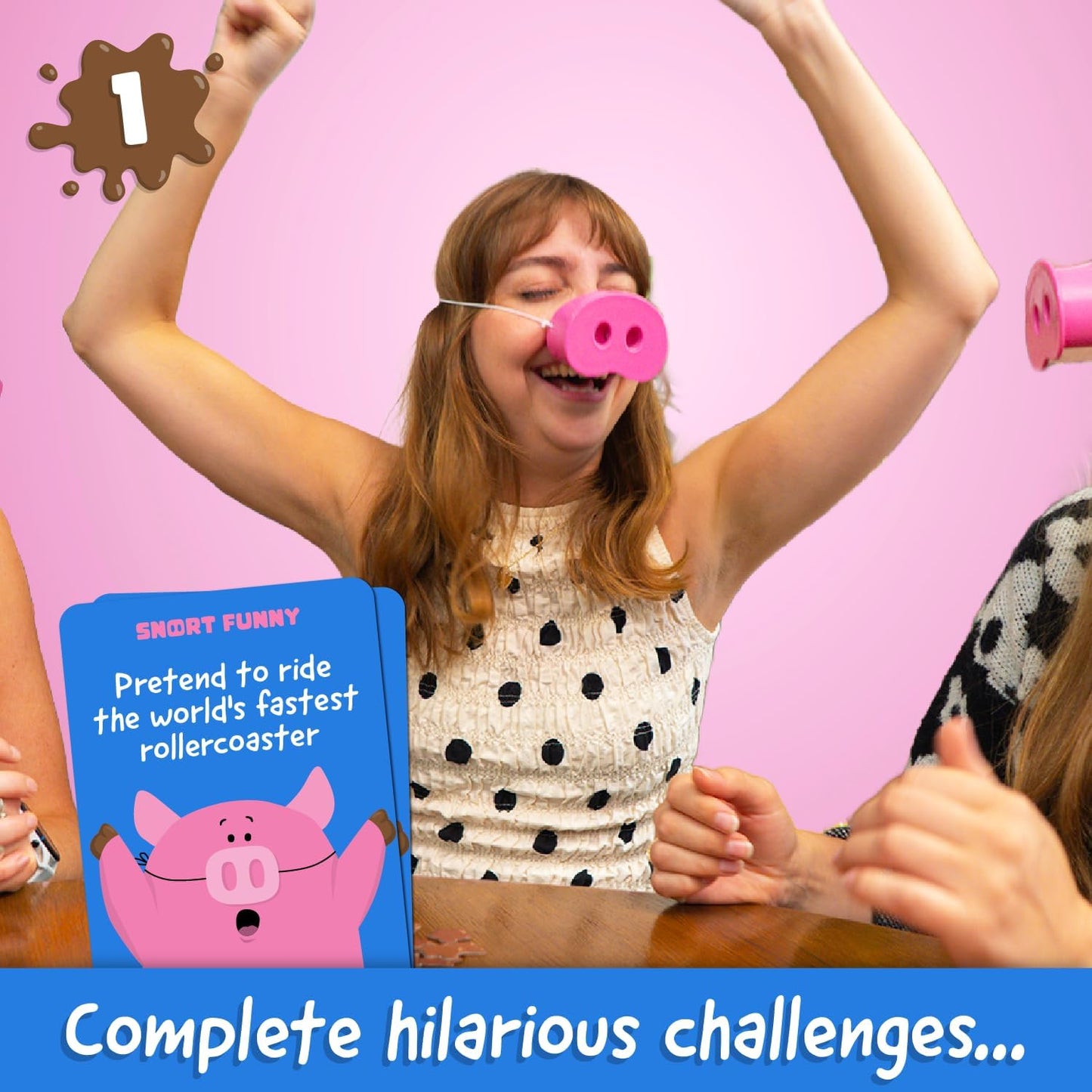 Snort Funny – The Oinkcredible “You Laugh You Lose” Party Game | Family & Friends Game with 150 Challenge Cards, 5 Pig Snouts & Mud Tokens | 4–8 Players, Ages 8+