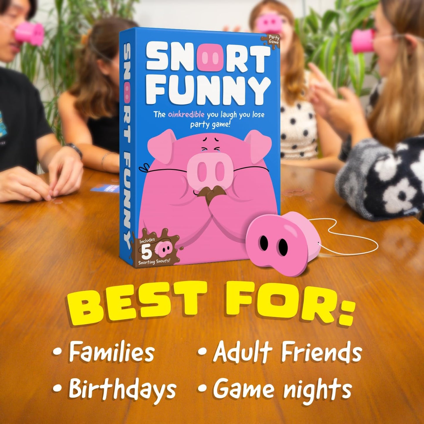 Snort Funny – The Oinkcredible “You Laugh You Lose” Party Game | Family & Friends Game with 150 Challenge Cards, 5 Pig Snouts & Mud Tokens | 4–8 Players, Ages 8+