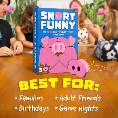 Snort Funny – The Oinkcredible “You Laugh You Lose” Party Game | Family & Friends Game with 150 Challenge Cards, 5 Pig Snouts & Mud Tokens | 4–8 Players, Ages 8+