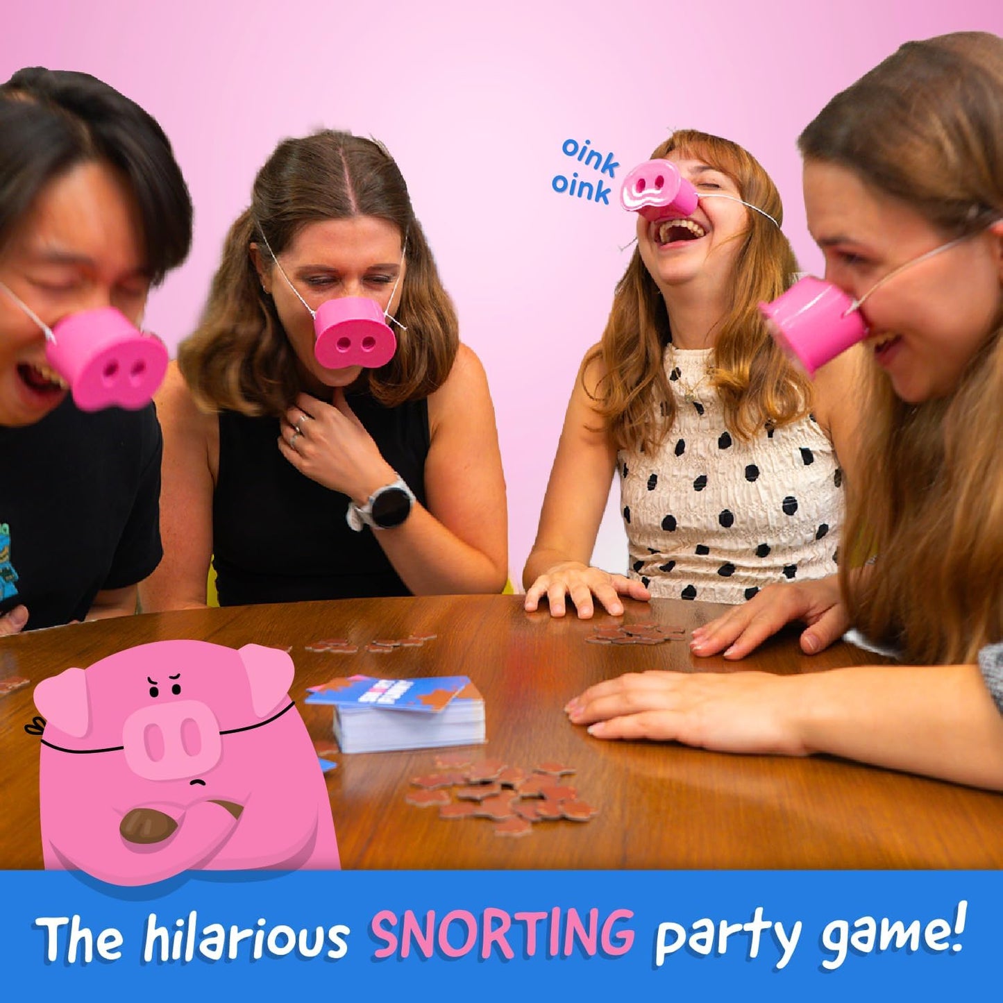 Snort Funny – The Oinkcredible “You Laugh You Lose” Party Game | Family & Friends Game with 150 Challenge Cards, 5 Pig Snouts & Mud Tokens | 4–8 Players, Ages 8+