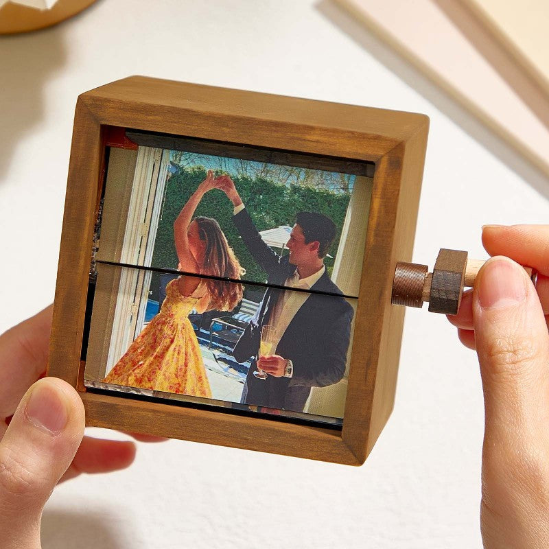 Custom Photo Flipbook Frame Animation Machine Mechanical Hand-cranked Flipbook Box Photo Album with Light Black Walnut Anniversary Gifts