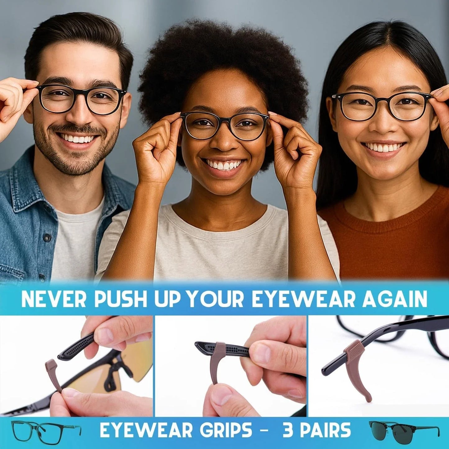 3-Pack Sunglasses Retainer Anti-Slip Glasses Grip Ear Hook Temple Tip Black